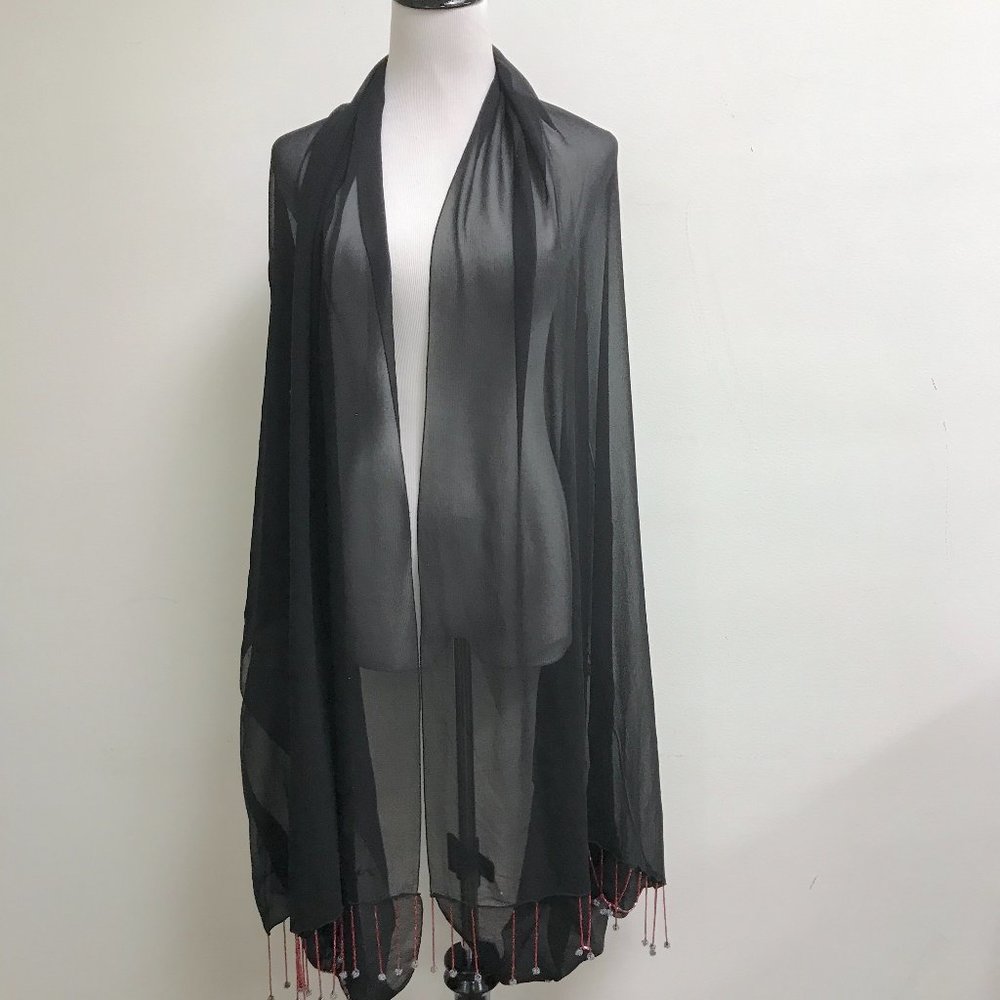 Sue Wong sheer black silk shawl cover up wrap beaded pink multicolor 78"
